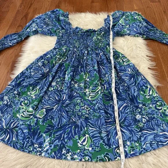 Lilly Pulitzer Beyonca Smocked Floral Mini Dress Women’s Small Blue Green Pocket - Picture 8 of 13